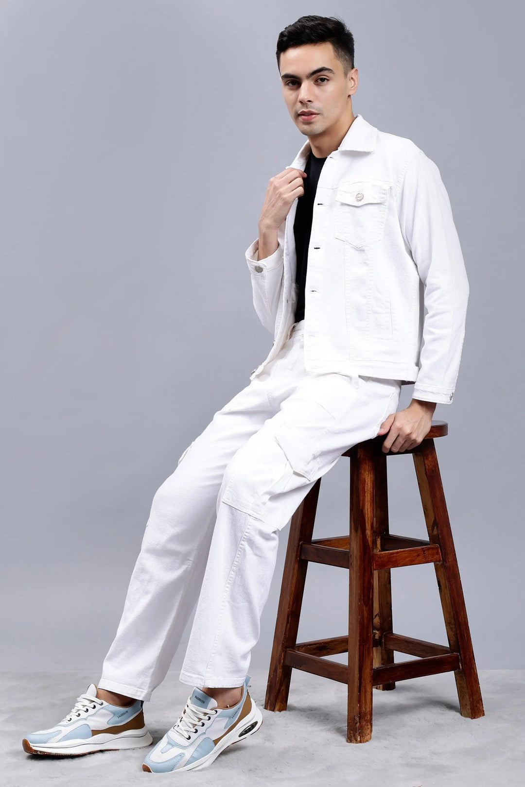 Regular Fit White Denim Cargo & Jacket Co-ord Set for Men - Peplos Jeans 