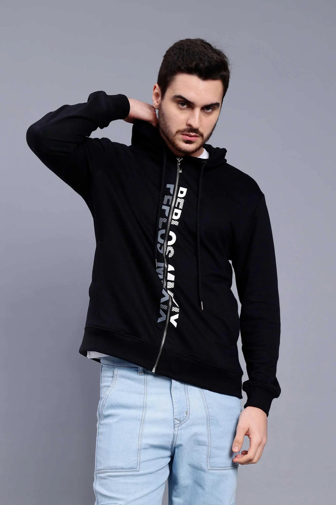 Regular Fit Printed Premium Black Zipper Hoodie For Men - Peplos Jeans