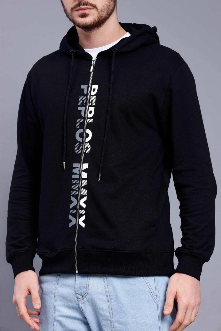 Regular Fit Printed Premium Black Zipper Hoodie For Men - Peplos Jeans