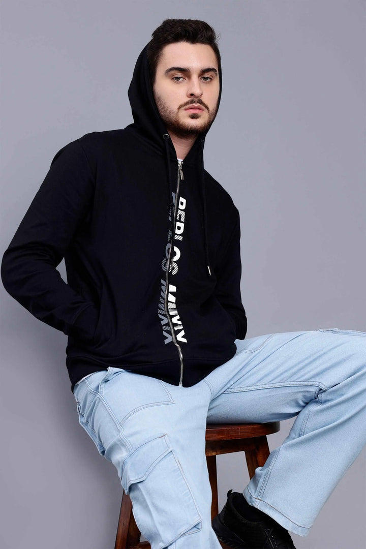 Regular Fit Printed Premium Black Zipper Hoodie For Men - Peplos Jeans