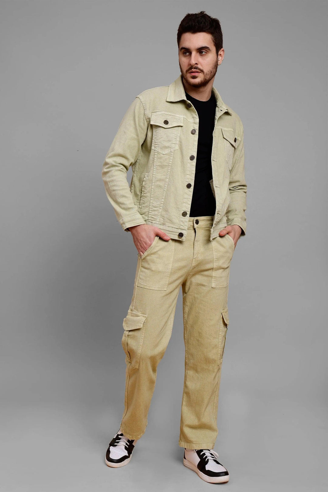 Regular Fit Pista Lime Denim Cargo & Jacket Co-ord Set for Men - Peplos Jeans