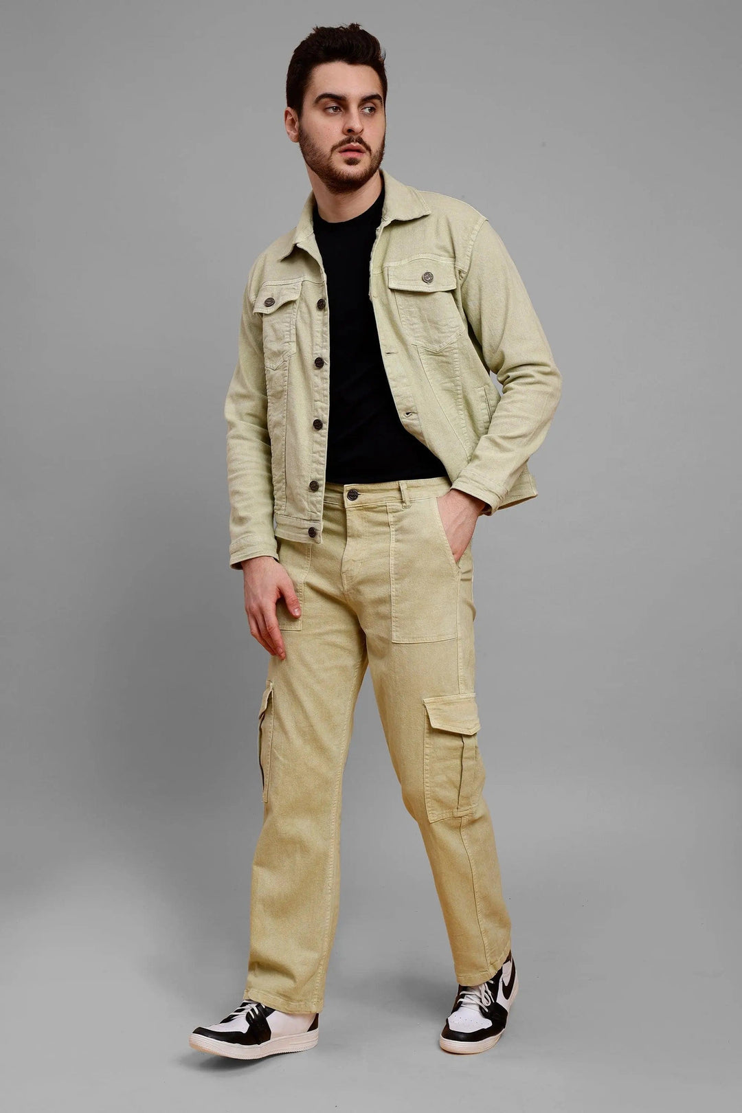 Regular Fit Pista Lime Denim Cargo & Jacket Co-ord Set for Men - Peplos Jeans 