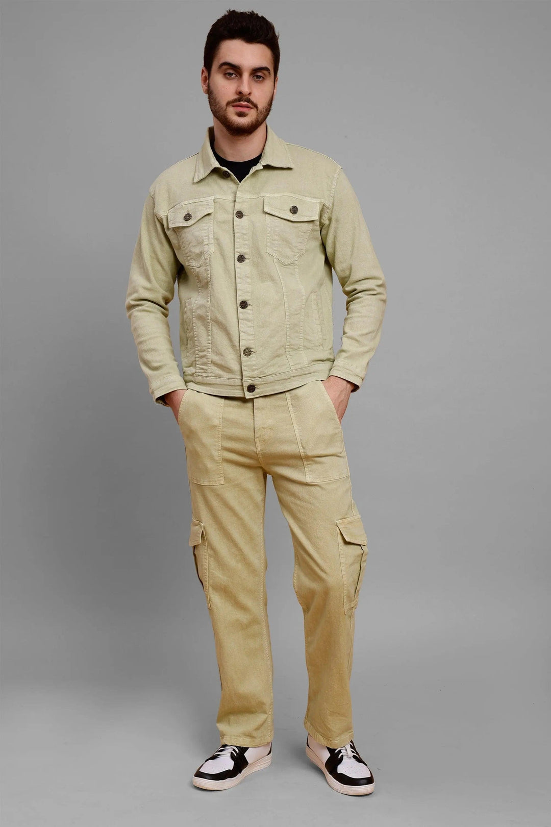 Regular Fit Pista Lime Denim Cargo & Jacket Co-ord Set for Men - Peplos Jeans