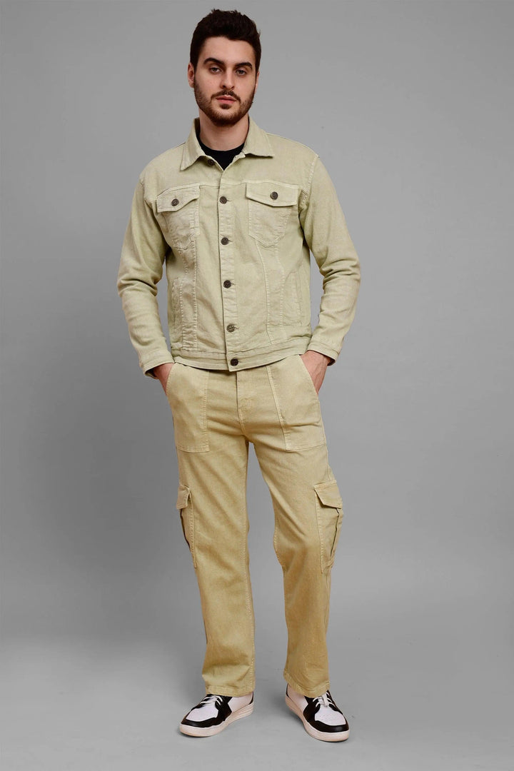 Regular Fit Pista Lime Denim Cargo & Jacket Co-ord Set for Men - Peplos Jeans