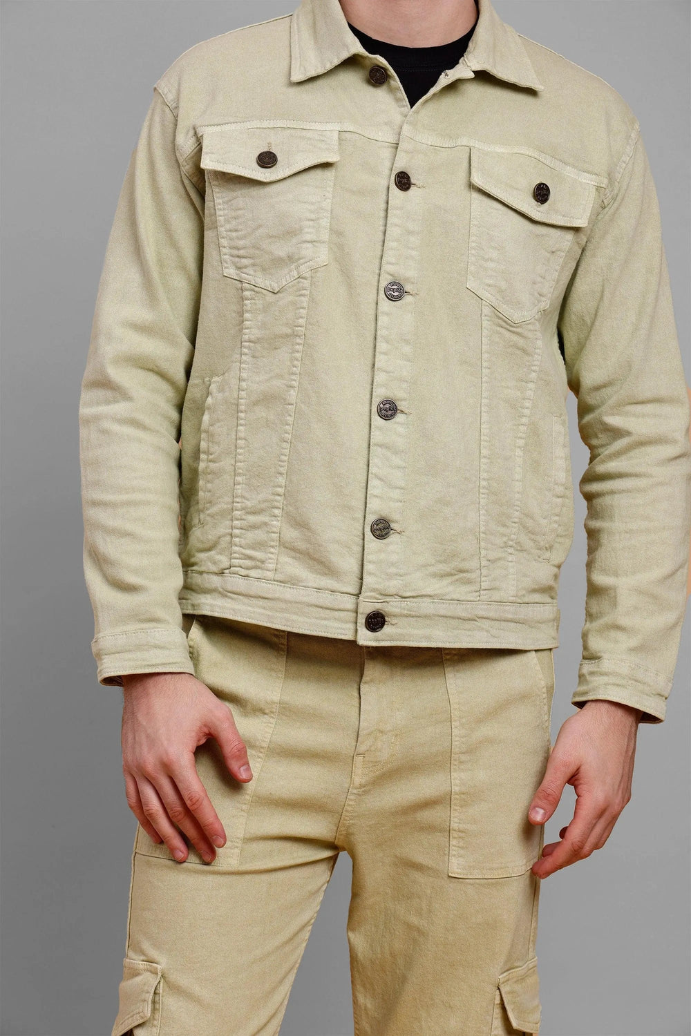 Regular Fit Pista Lime Denim Cargo & Jacket Co-ord Set for Men - Peplos Jeans