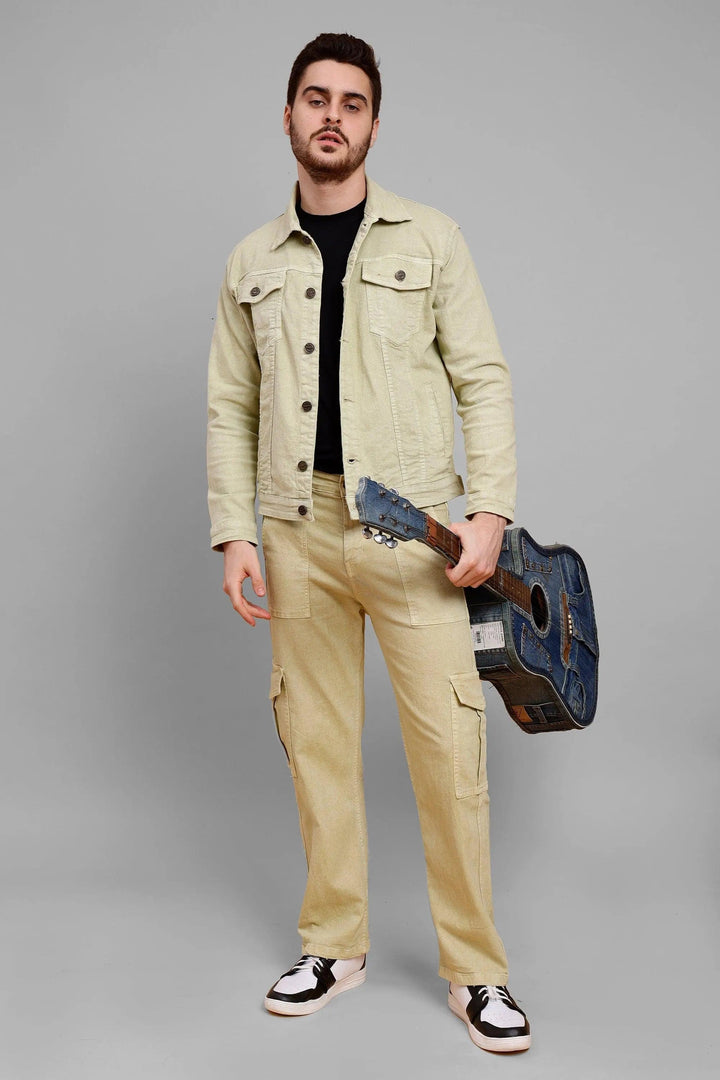 Regular Fit Pista Lime Denim Cargo & Jacket Co-ord Set for Men - Peplos Jeans