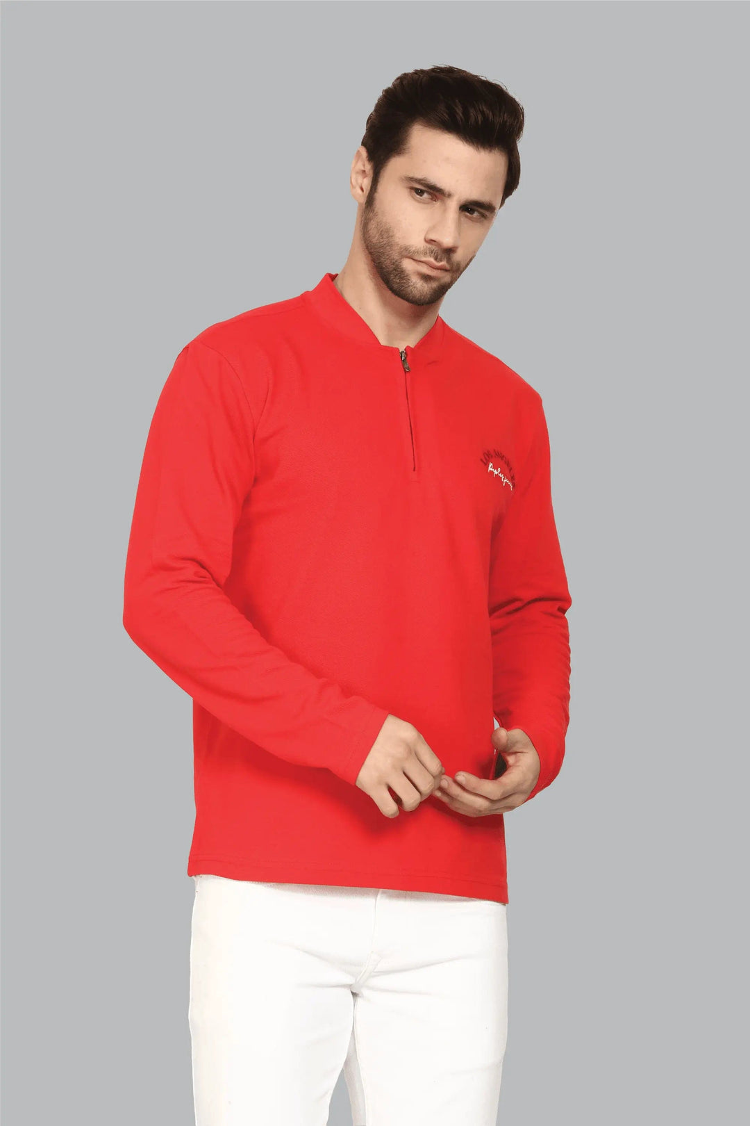 Men's Polo Neck Full Sleeve Red T-Shirt with zip closer - Peplos Jeans