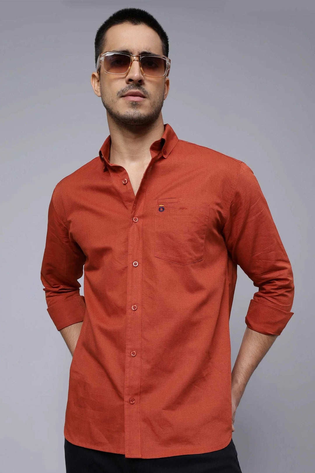 Regular Fit Cotton Solid Rust Casual Shirt For Men - Peplos Jeans 