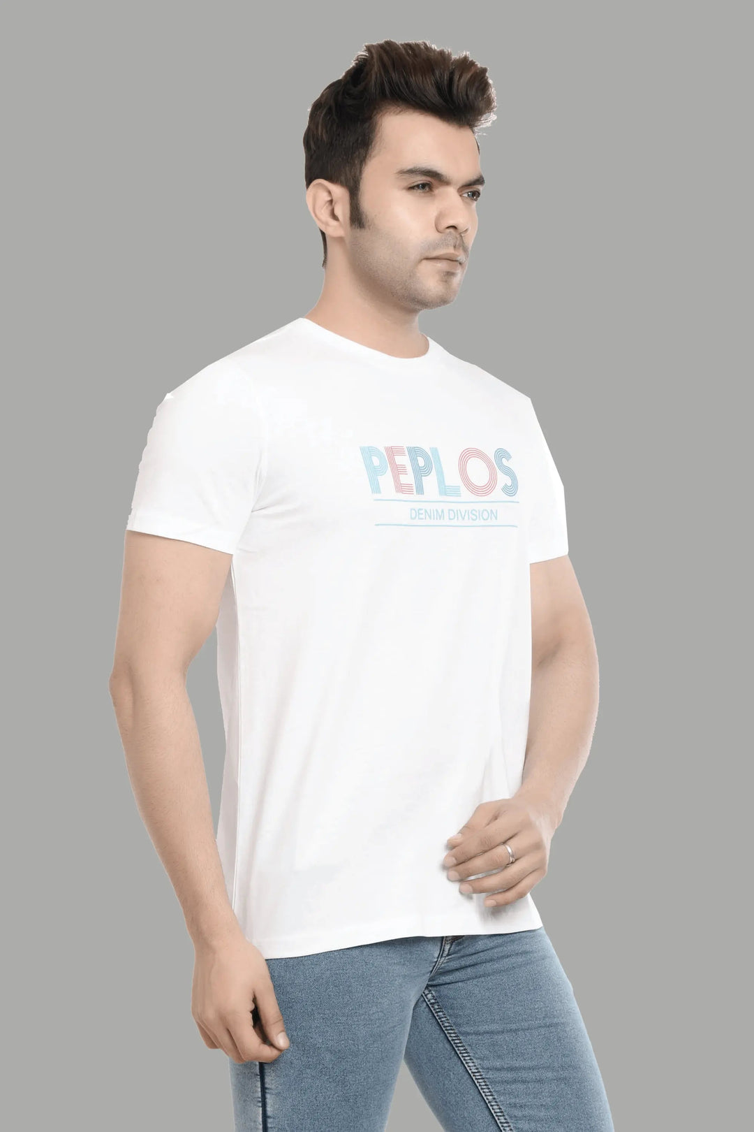 Regular Fit White Brand Printed Cotton T-Shirt For Men - Peplos Jeans