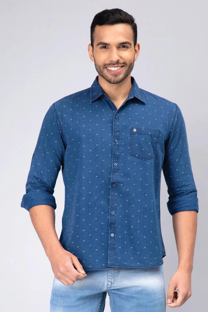 Regular Fit Blue Printed Denim Shirt For Men - Peplos Jeans