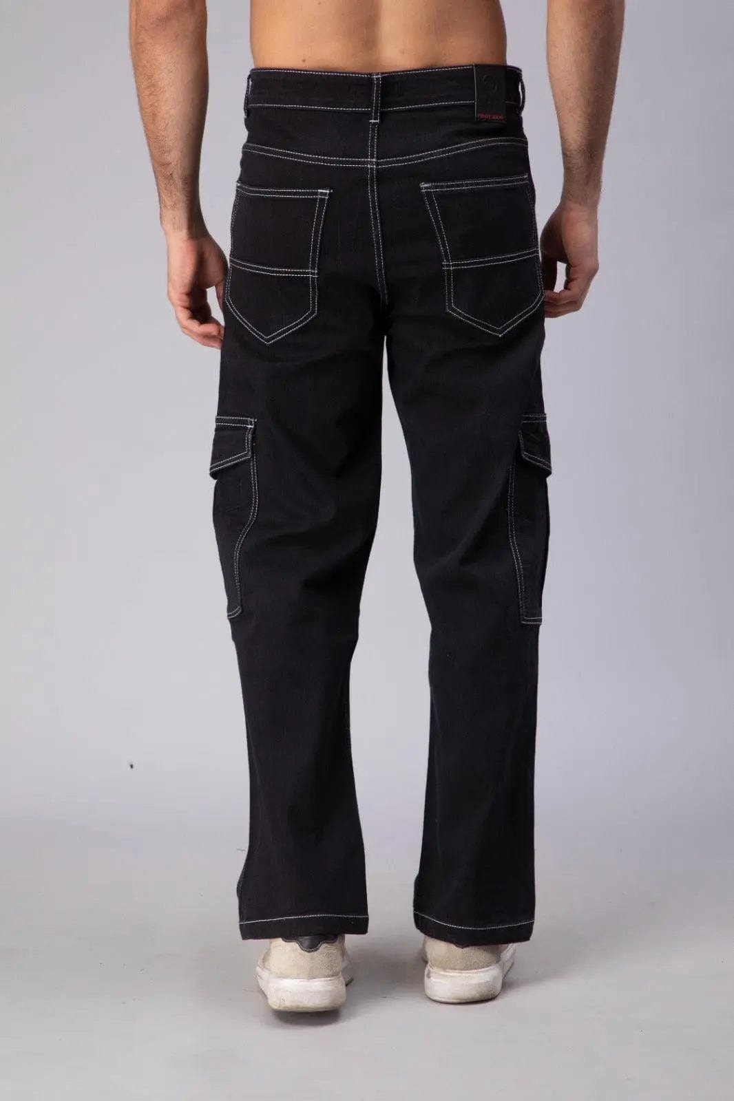 Men's Loose Fit Multiple Pocket Black Cargo Denim Jeanss - Peplos Jeans