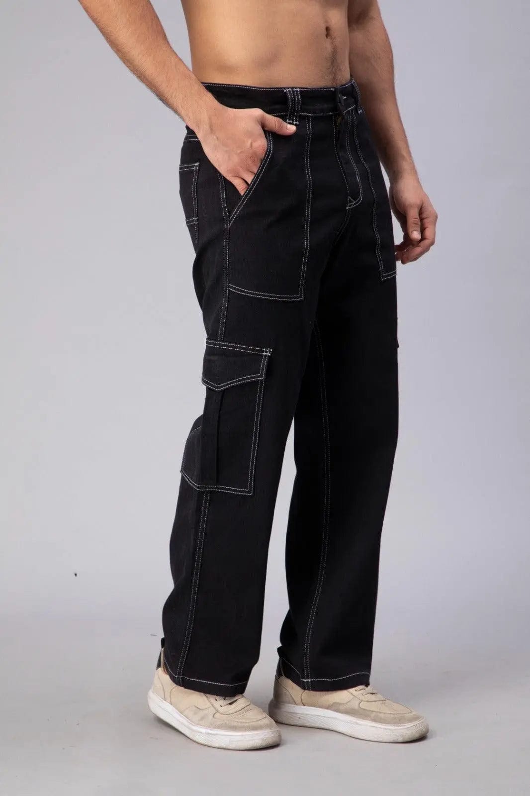 Men's Loose Fit Multiple Pocket Black Cargo Denim Jeanss - Peplos Jeans