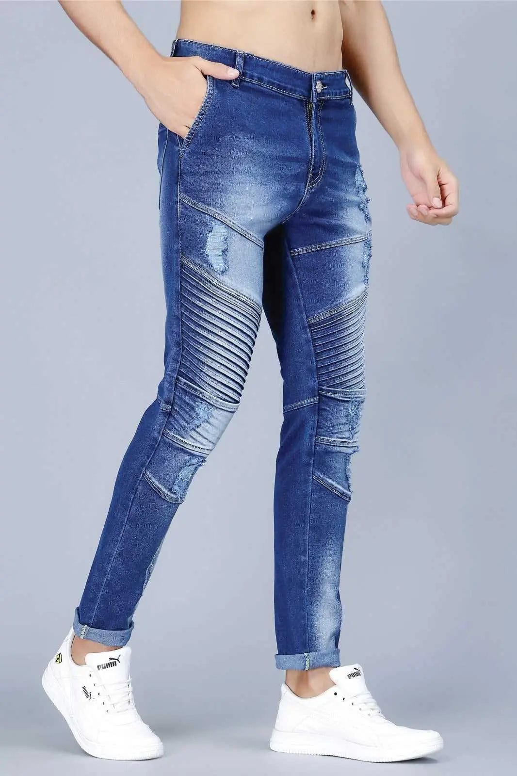 Men's Slim Fit Ankle Length Biker Denim Jeans With Rough Look - Peplos Jeans