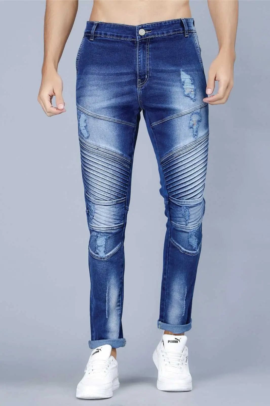 Men's Slim Fit Ankle Length Biker Denim Jeans With Rough Look - Peplos Jeans