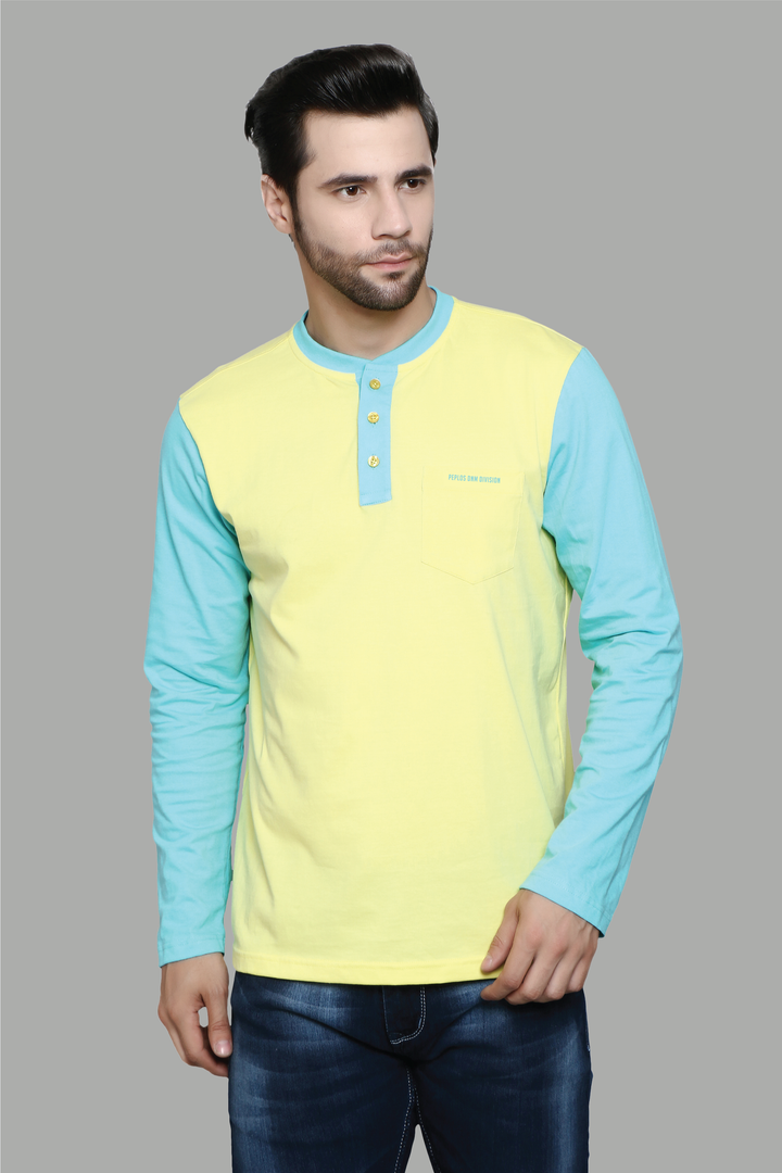 Regular Fit Yellow Sky Henley Neck Men's T-Shirt - Peplos Jeans