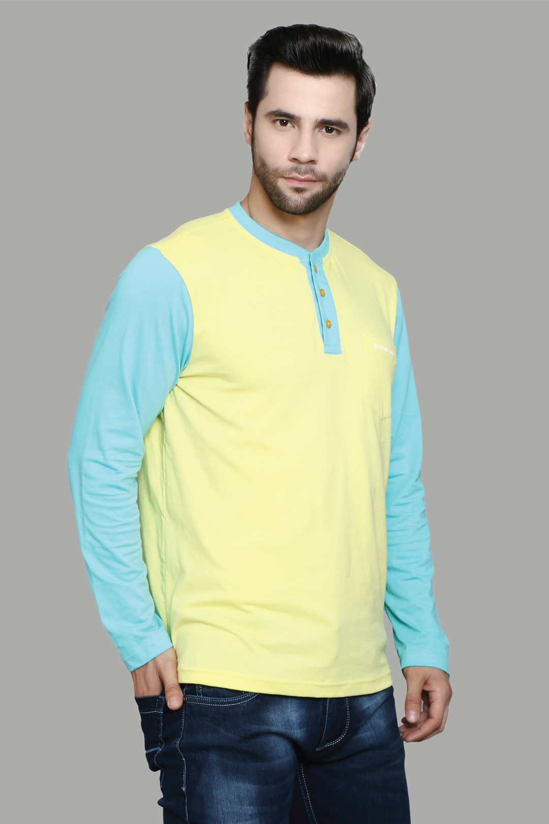Regular Fit Yellow Sky Henley Neck Men's T-Shirt - Peplos Jeans