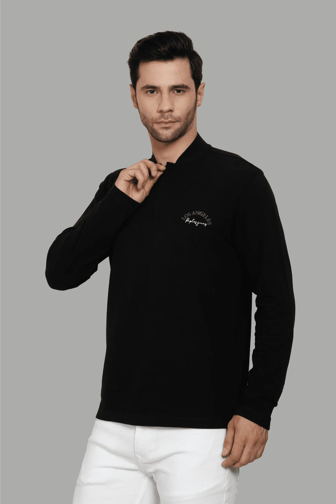 Men's Polo Neck Full Sleeve Black T-Shirt with zip closer - Peplos Jeans