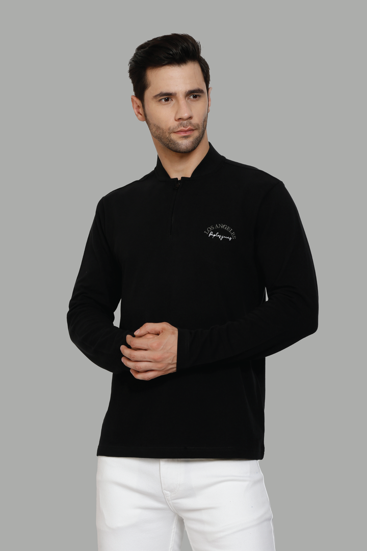 Men's Polo Neck Full Sleeve Black T-Shirt with zip closer - Peplos Jeans