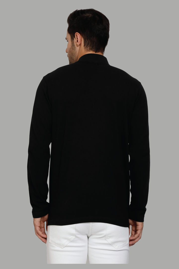 Men's Polo Neck Full Sleeve Black T-Shirt with zip closer - Peplos Jeans