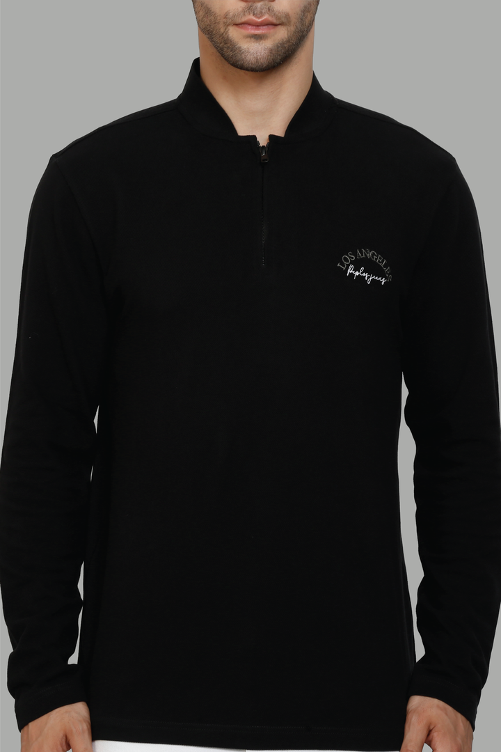 Men's Polo Neck Full Sleeve Black T-Shirt with zip closer - Peplos Jeans