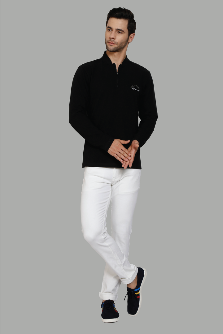 Men's Polo Neck Full Sleeve Black T-Shirt with zip closer - Peplos Jeans
