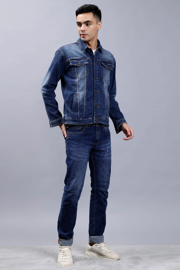 Angled view of Blue Denim Jacket & Jeans Co-ord Set for Men - Peplos Jeans