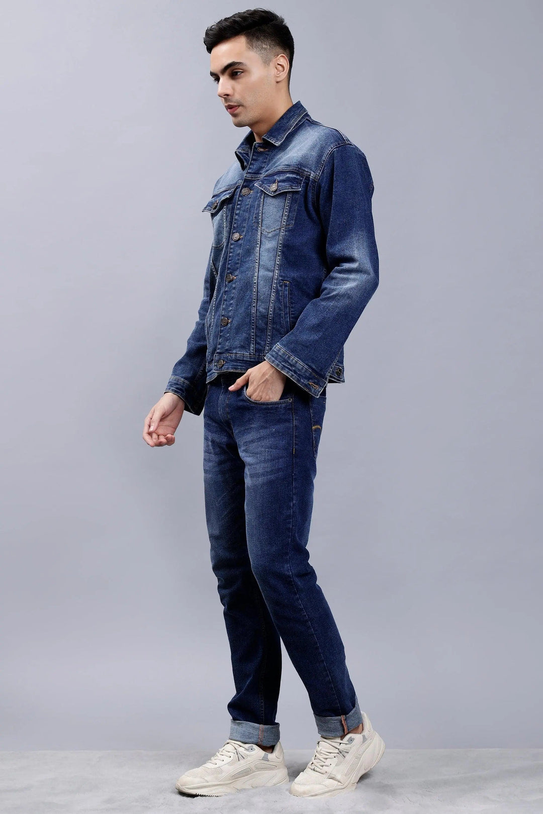 Side view of Blue Denim Jacket & Jeans Set for Men - Peplos Jeans