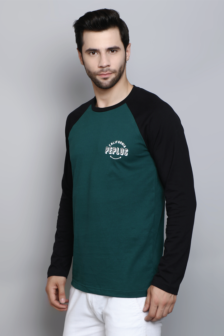 Full Sleeve Regular Fit Raglan Green Balck T-Shirt for Men - Peplos Jeans