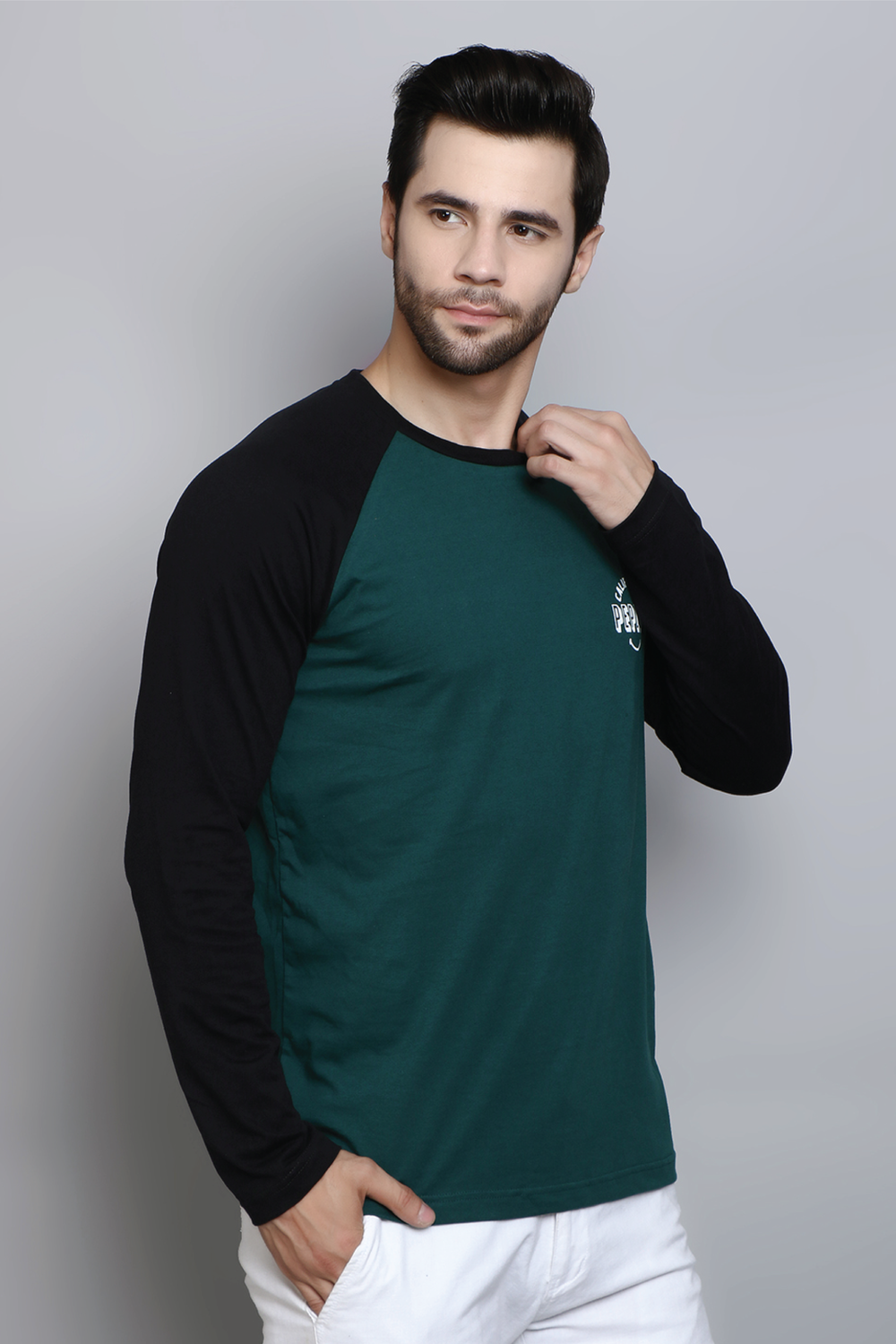 Full Sleeve Regular Fit Raglan Green Balck T-Shirt for Men - Peplos Jeans