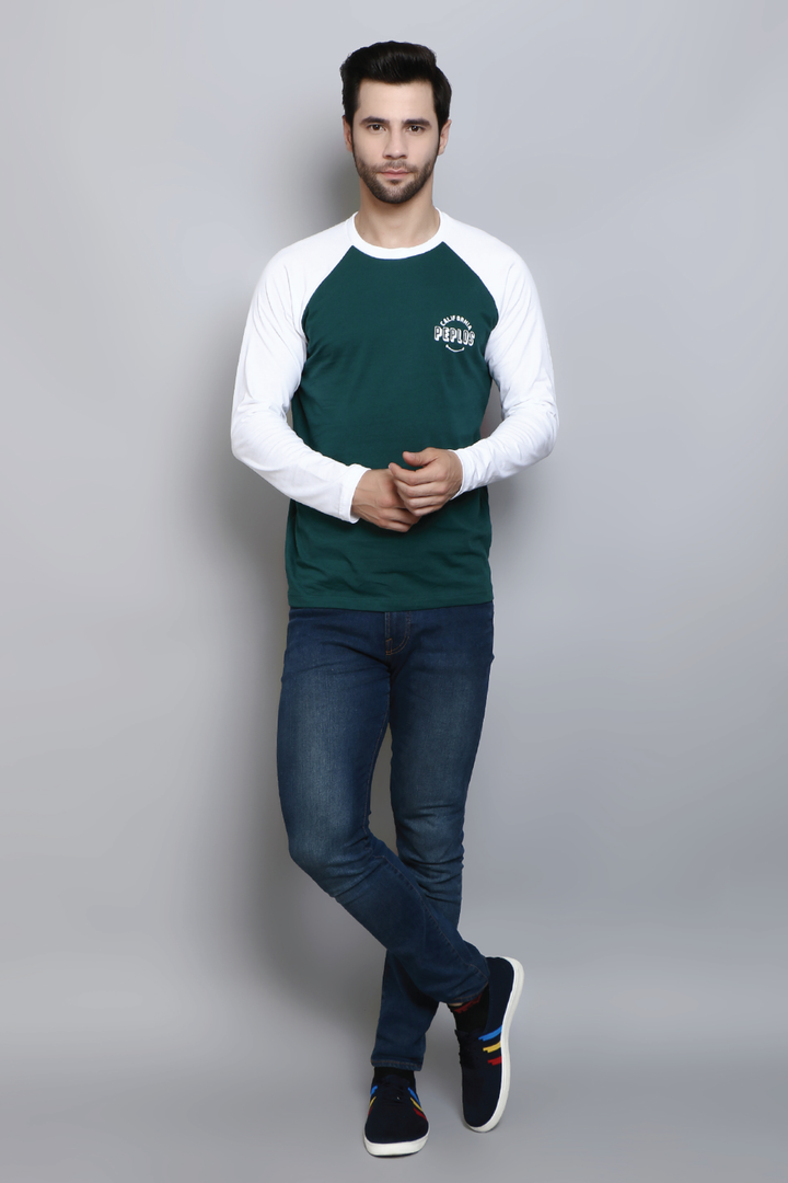 Full Sleeve Regular Fit Raglan Green White T-Shirt for Men - Peplos Jeans