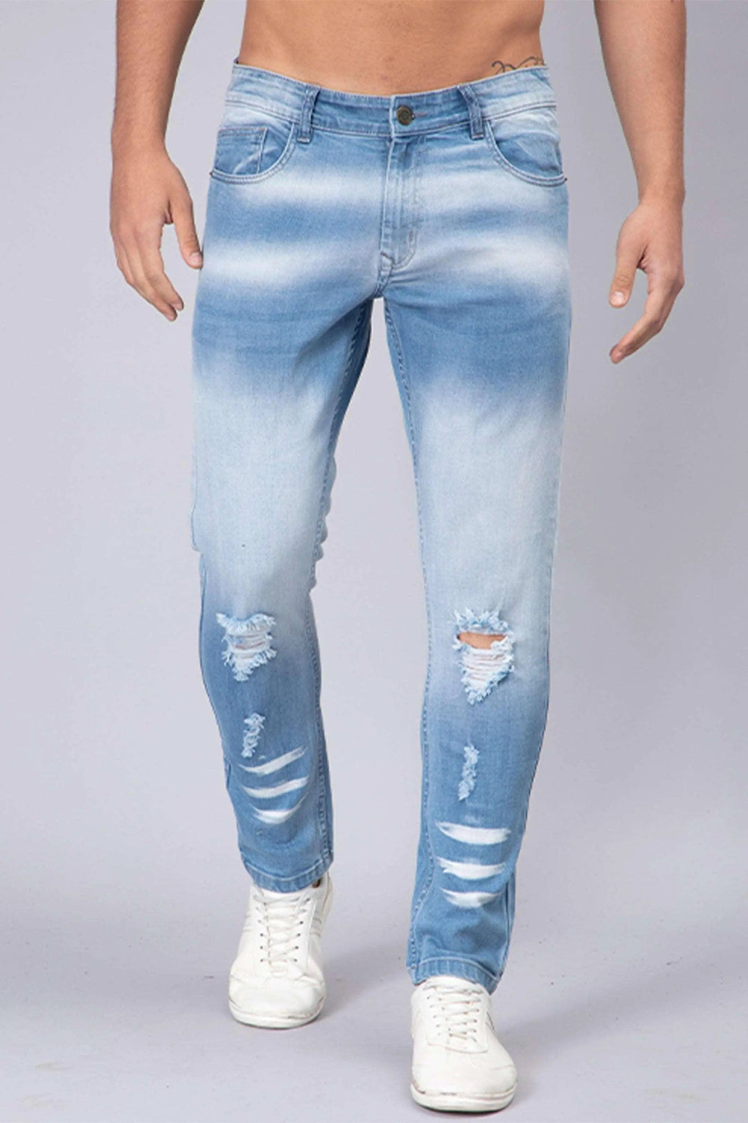 Front view of Ankle Fit Shade Blue Rough Look Premium Denim Jeans For men - Peplos Jeans
