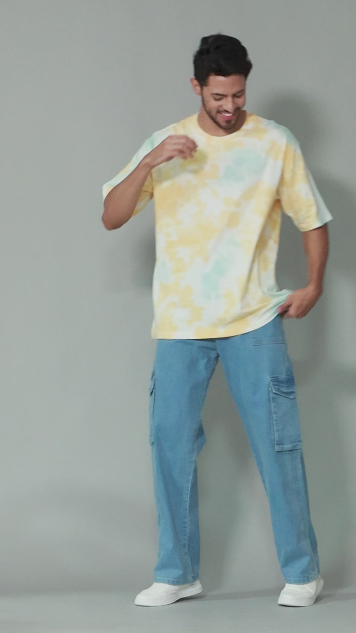 Multi Color Yellow Green and White tie dye Oversized T shirt For Mens