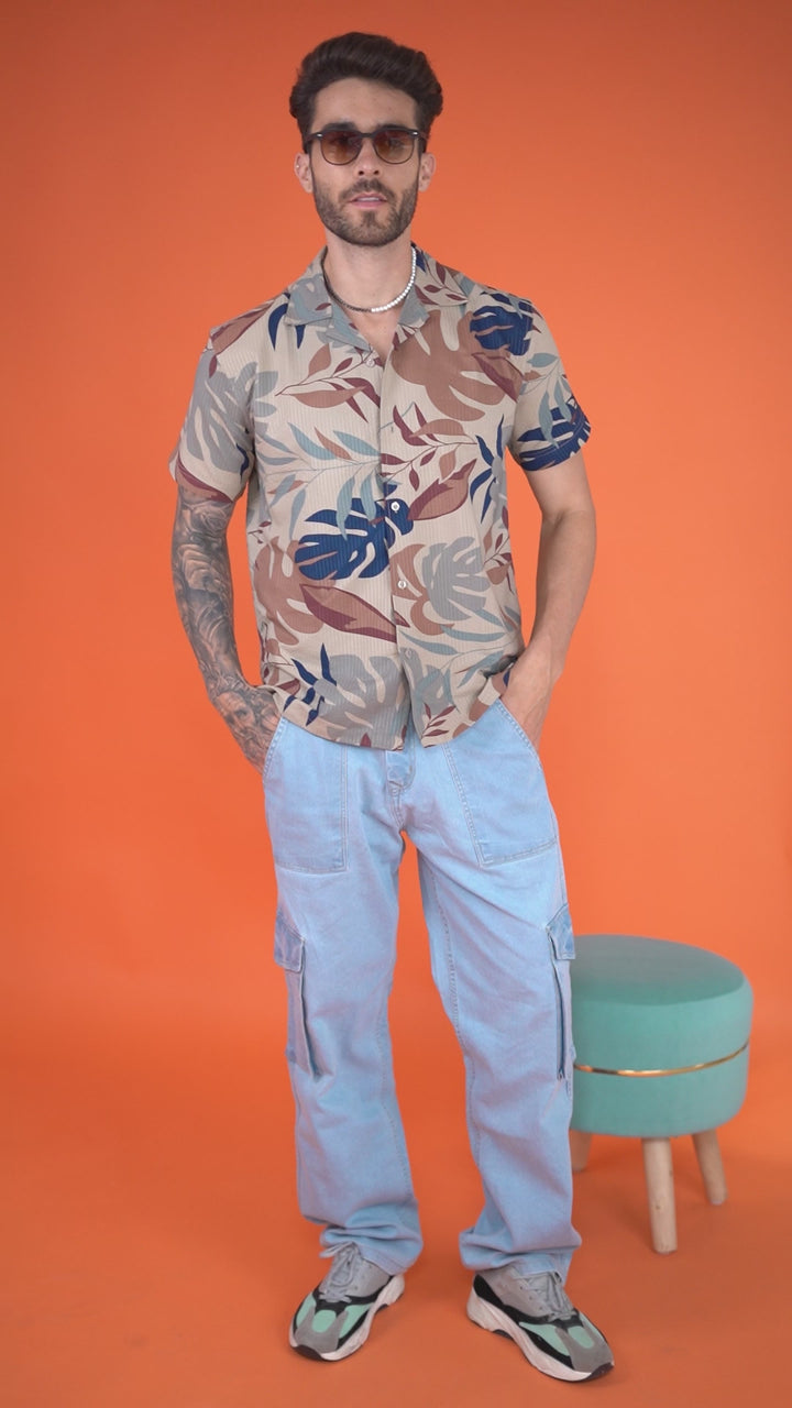 Men's Tropical Print Cuban Collar Shirt - Brown