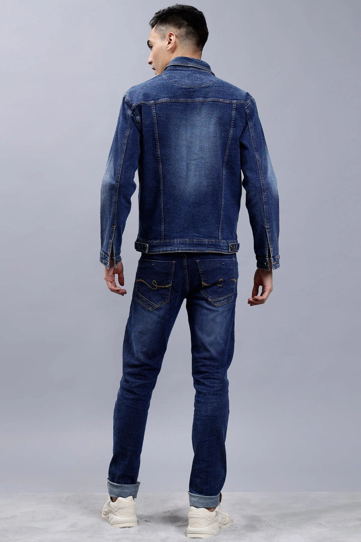 Back view of Regular Fit Blue Denim Jacket & Jeans Set for Men- Peplos Jeans