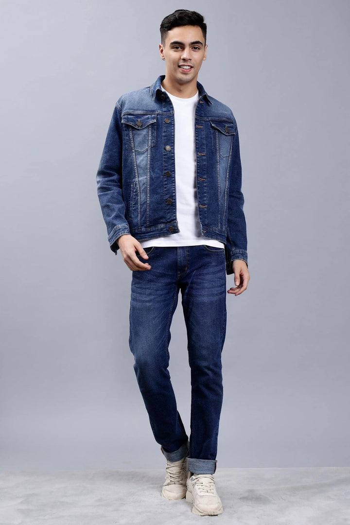 Front view of Regular Fit Blue Denim Jacket & Jeans Co-ord Set for Men - Peplos Jeans