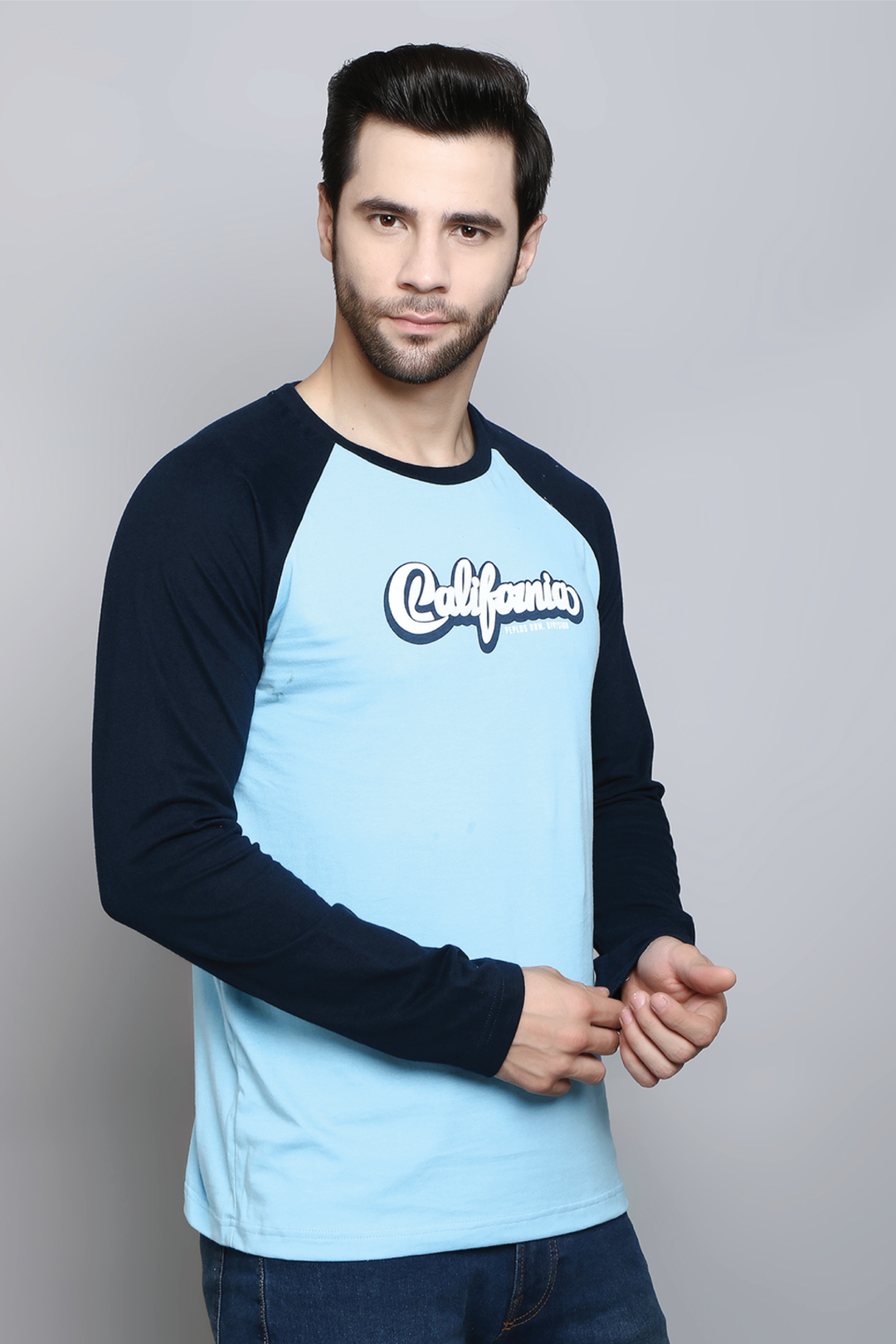 Full Sleeve Regular Fit Raglan Navy T-Shirt for Men - Peplos Jeans