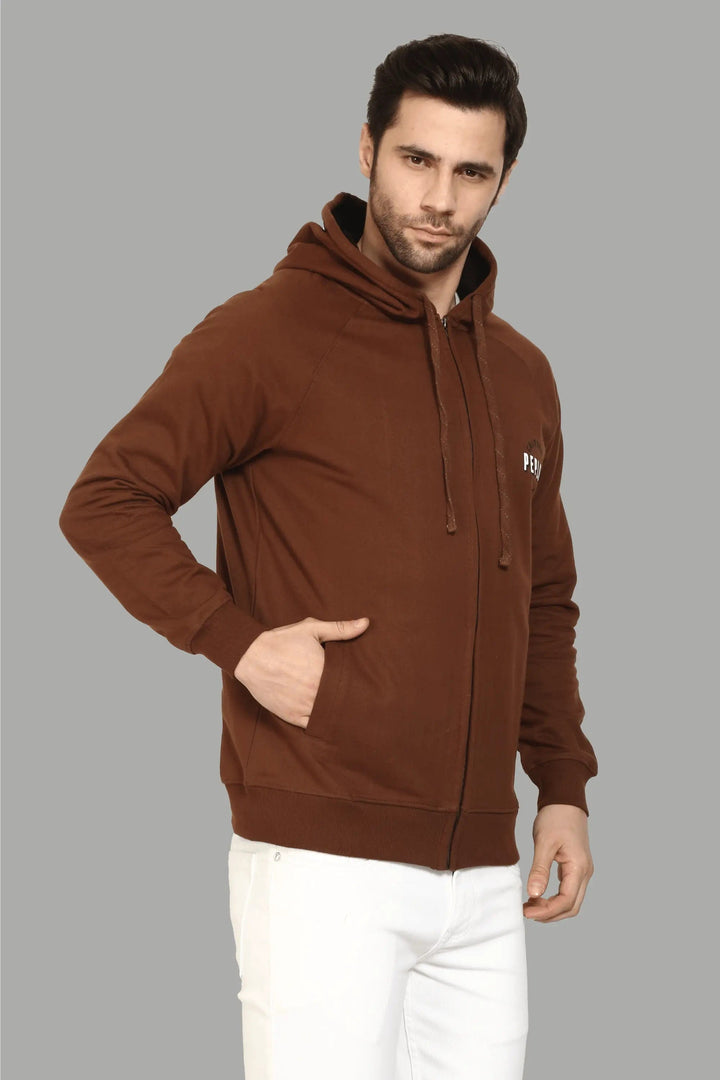 Regular Fit Coffee Color Printed with Zipper Hoodie For Men - Peplos Jeans