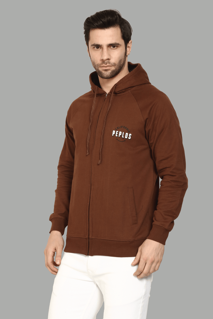 Regular Fit Coffee Color Printed with Zipper Hoodie For Men - Peplos Jeans