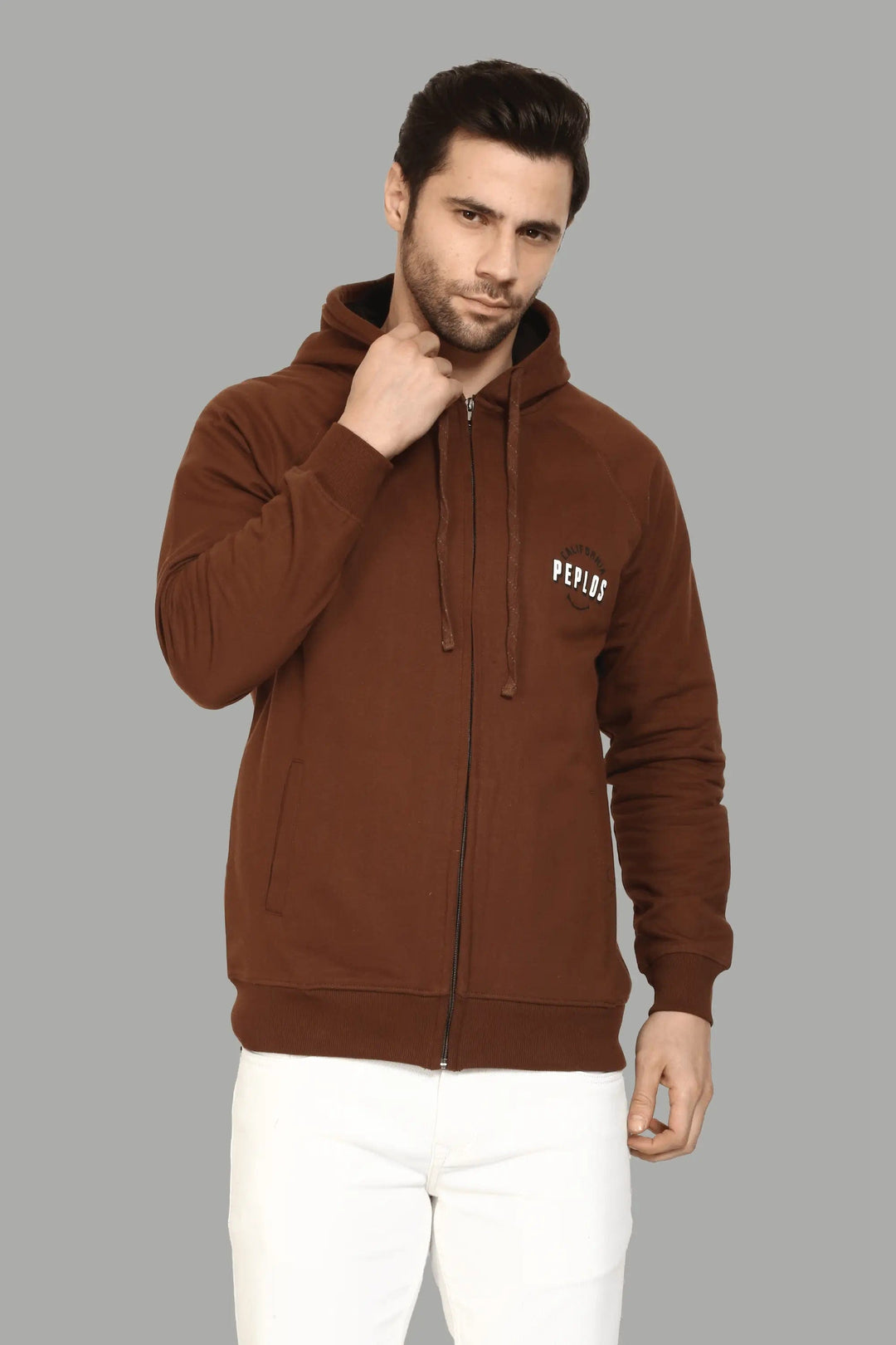 Regular Fit Coffee Color Printed with Zipper Hoodie For Men - Peplos Jeans