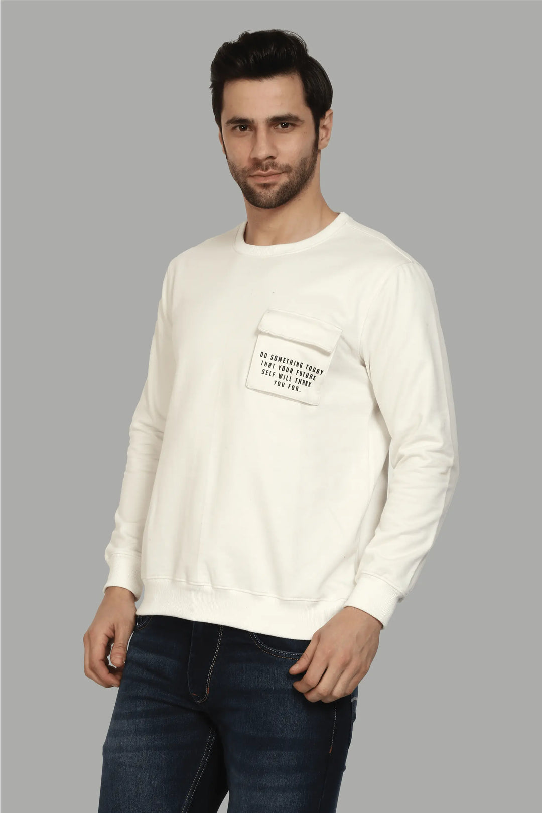 Regular Fit Printed Cream Color Sweatshirt with Pocket For Men - Peplos Jeans 