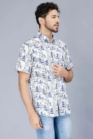 Men's Blue Multi Color Stylish Printed Casual Shirt