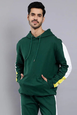 Regular Fit Solid Green Trendy Hoodie For Men