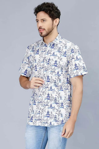 Men's Blue Multi Color Stylish Printed Casual Shirt