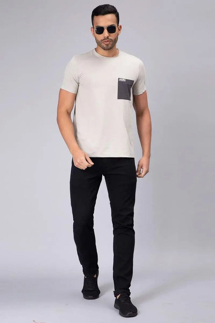 Men's Half-Sleeve Solid Cotton T-shirt with Pocket-Grey - Peplos Jeans 