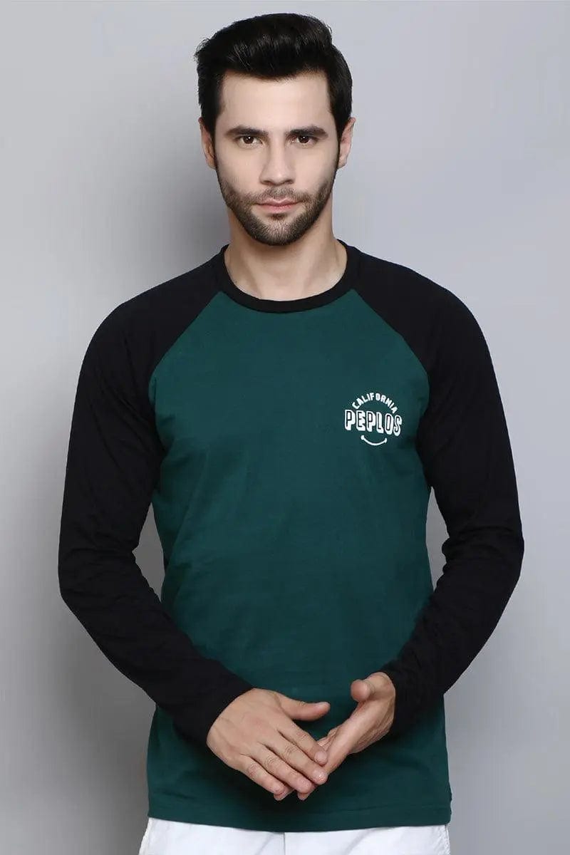 Full Sleeve Regular Fit Raglan Green Balck T-Shirt for Men - Peplos Jeans 