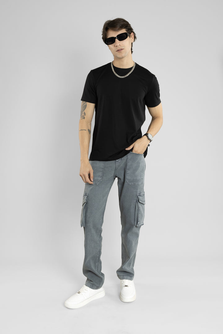 Straight Fit Grey Denim Cargo Trouser