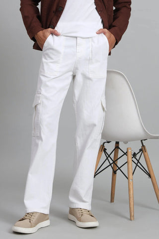 Men's Loose Fit Multiple Pocket White Denim Cargo Pant