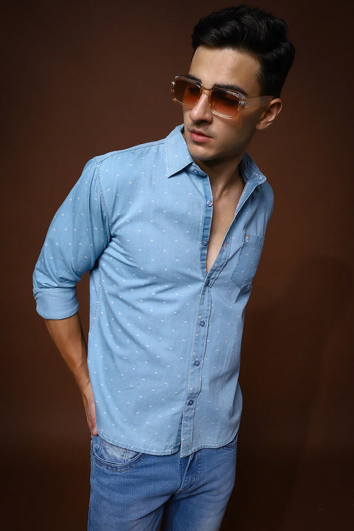 Regular Fit Light Blue Solid Denim Shirt For Men