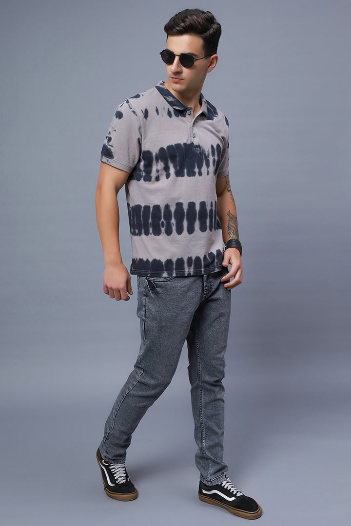 Men's Polo Neck Grey Tie & Dye Cotton T-shirt