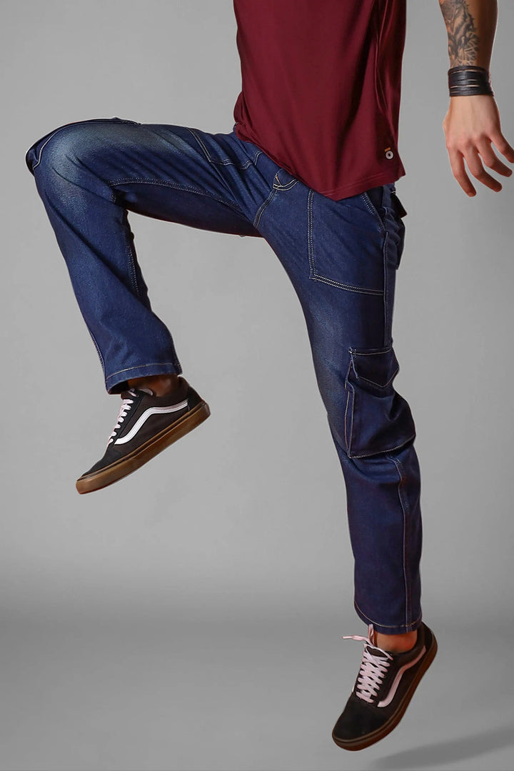 Men's Loose Fit Multiple Pocket Dark Blue Cargo Denim Jeans